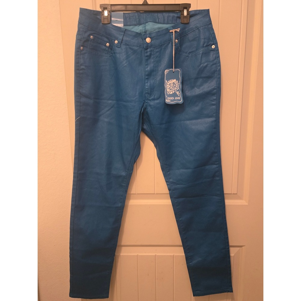 Crunch Jeans Women 18 Coated Skinny Shiny Metallic Blue Wet Look Pants NWT